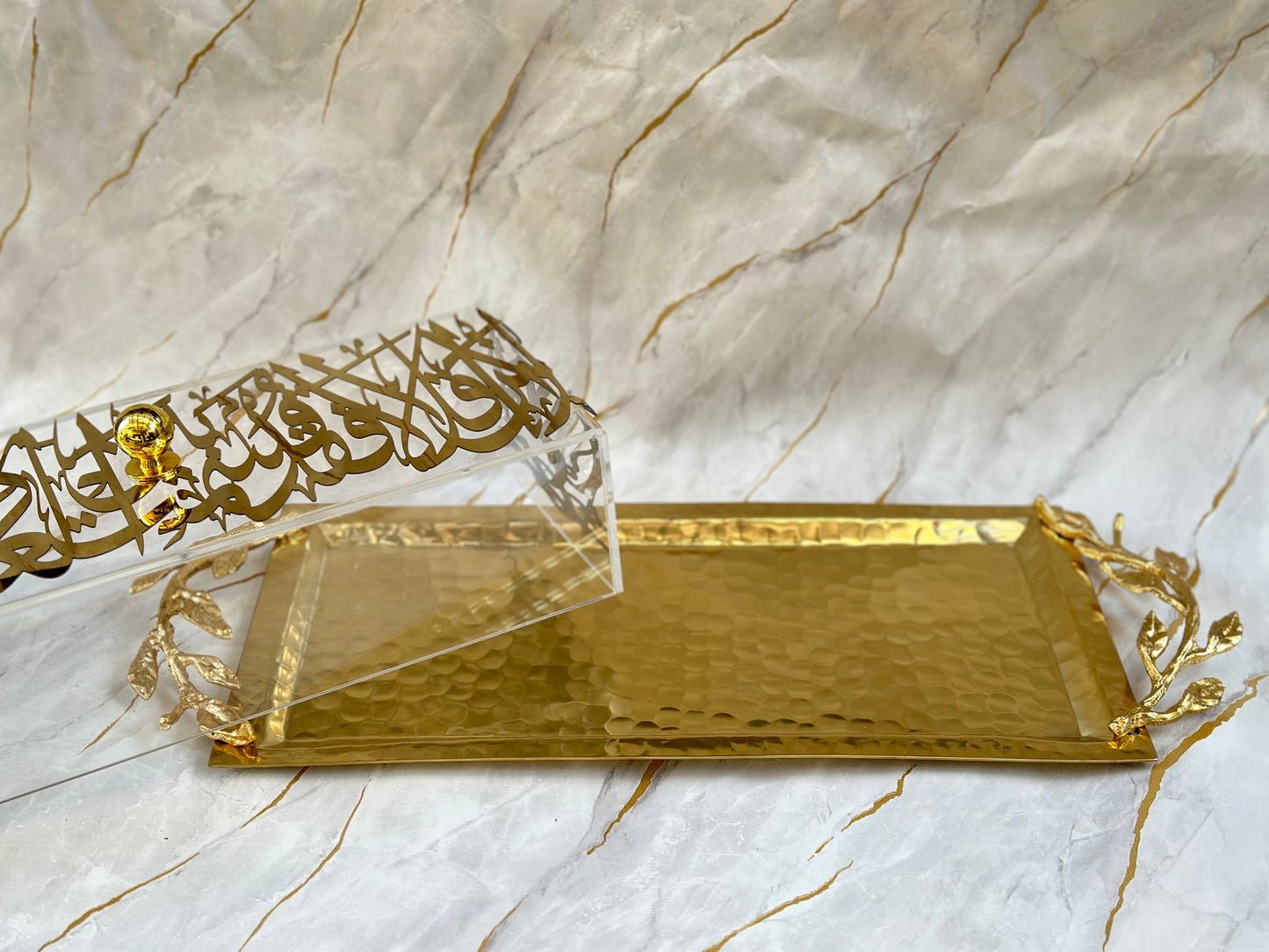 Rectangular golden arabesque tray with Arabic calligraphy and cover