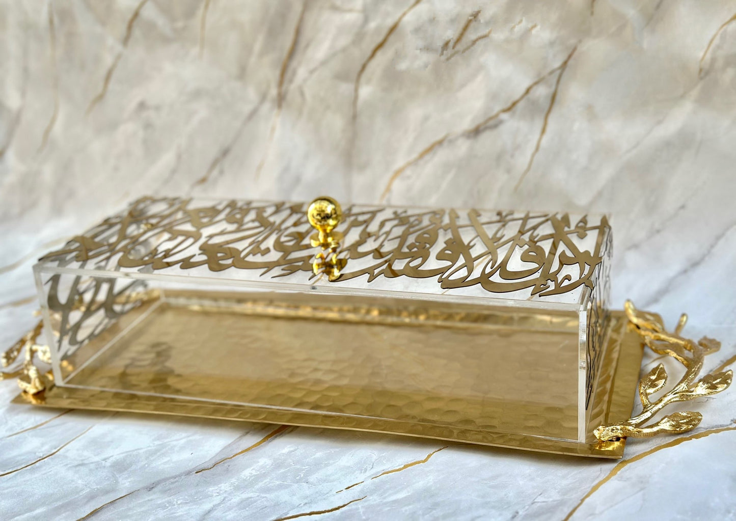 Rectangular golden arabesque tray with Arabic calligraphy and cover