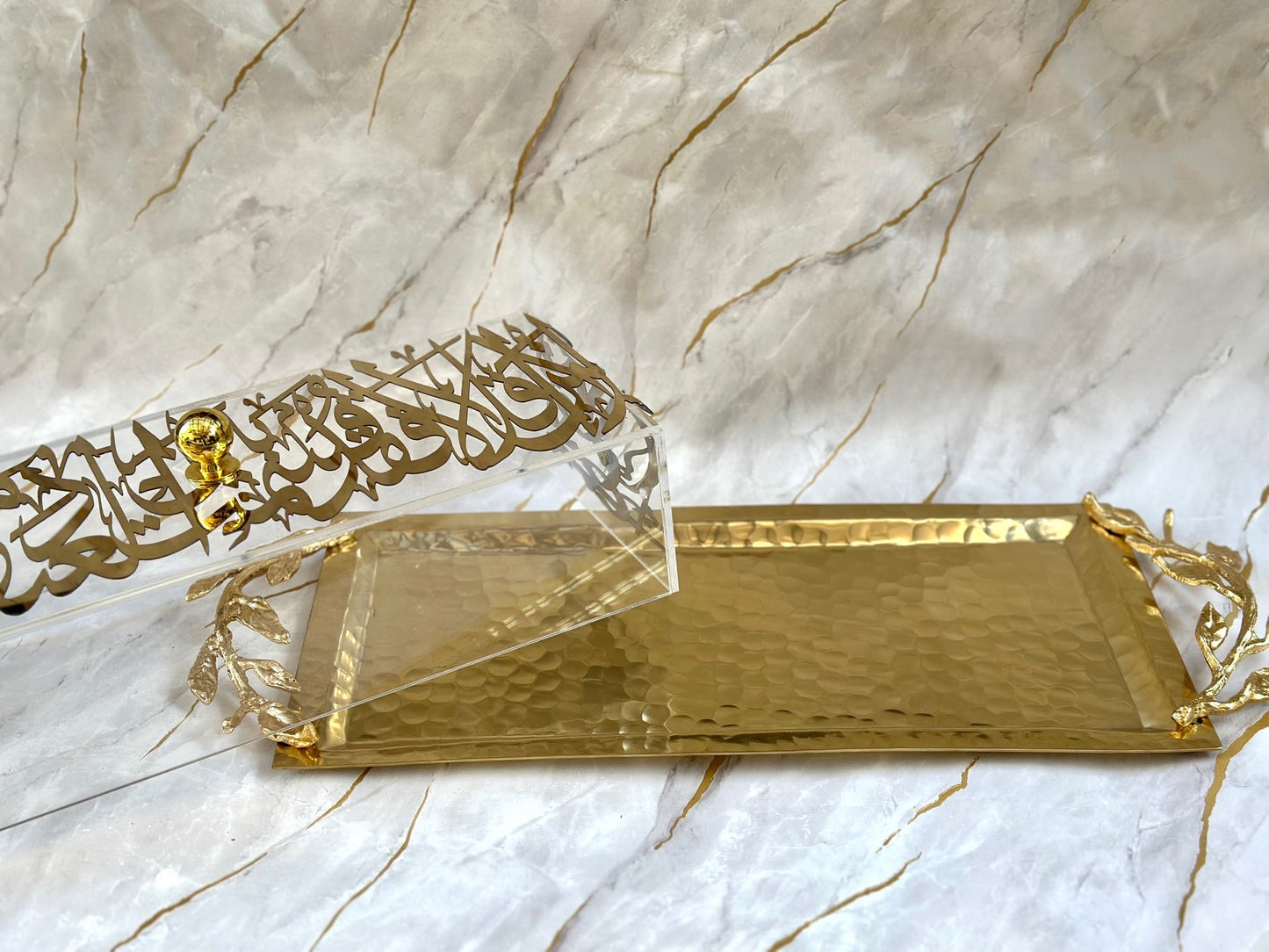 Rectangular golden arabesque tray with Arabic calligraphy and cover