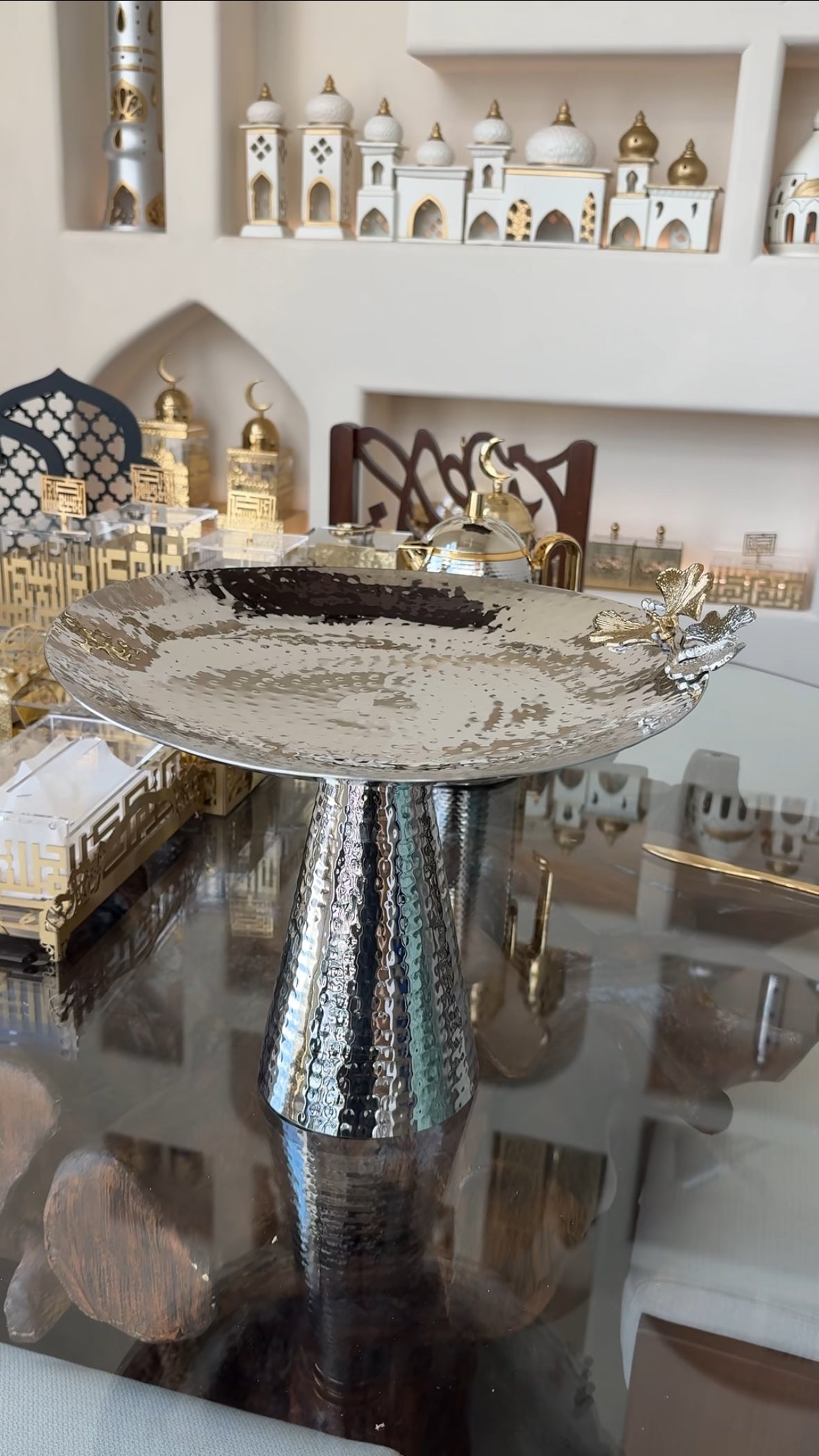 Luxury Silver Raised Serving Bowl with Hammered Base