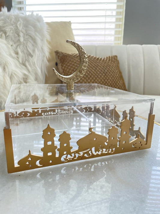 Acrylic Rectangular box with masjid design and moon handle